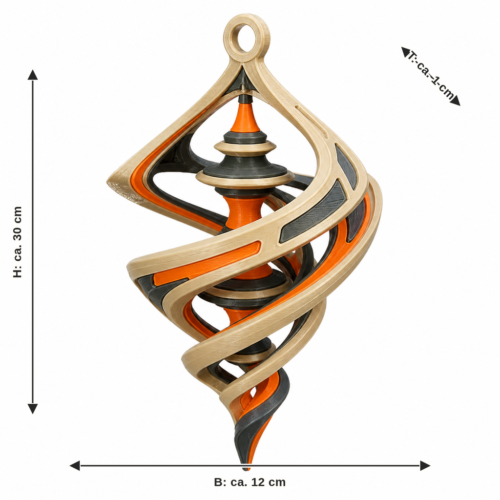 Maßbild für Spiralförmiger Fensteranhänger mit Kreiselelement: Breite ca. 12 cm, Tiefe ca. 1 cm, Höhe ca. 30 cm