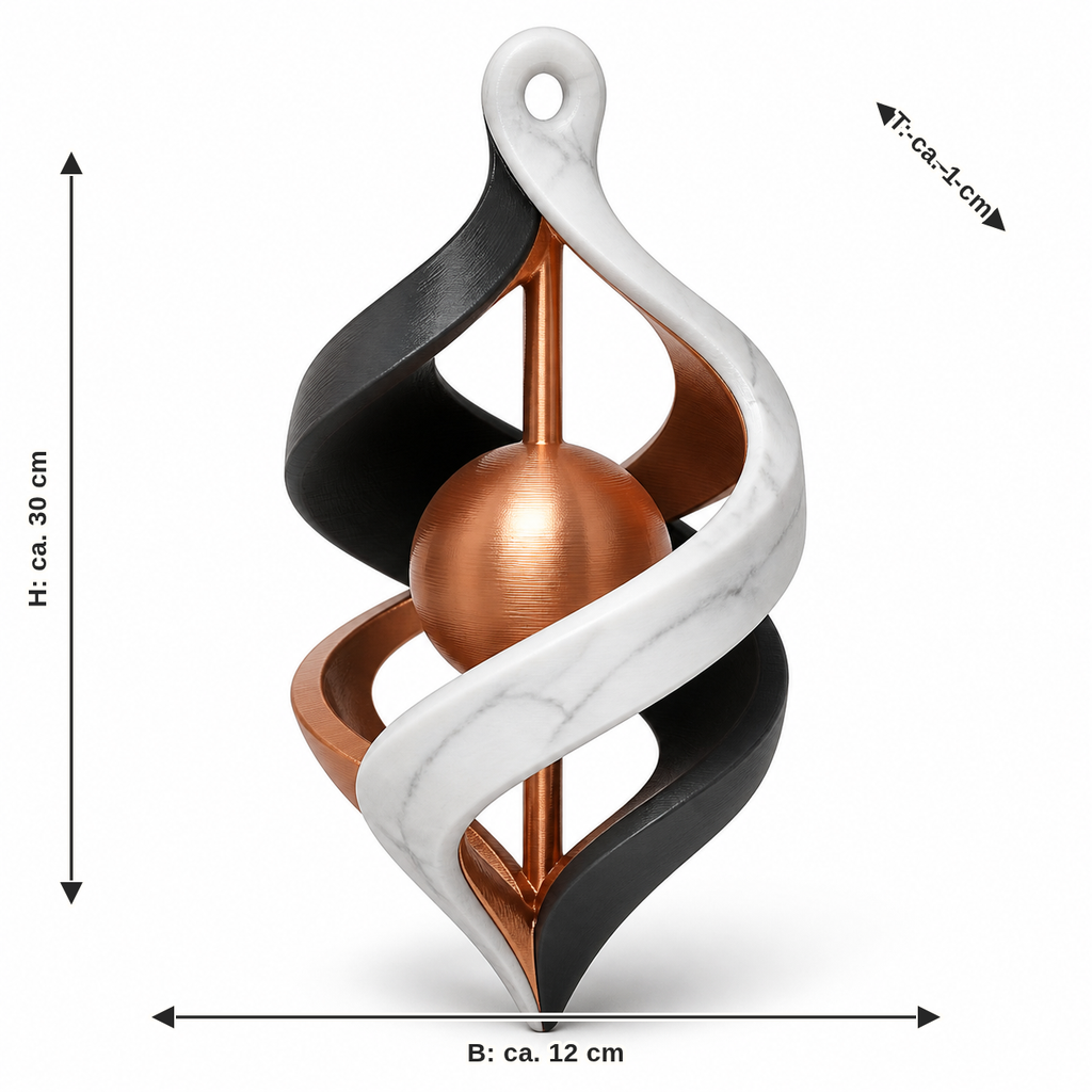 Maßbild für Spiralförmiger Fensteranhänger mit Kupferkugel: Breite ca. 12 cm, Tiefe ca. 1 cm, Höhe ca. 30 cm