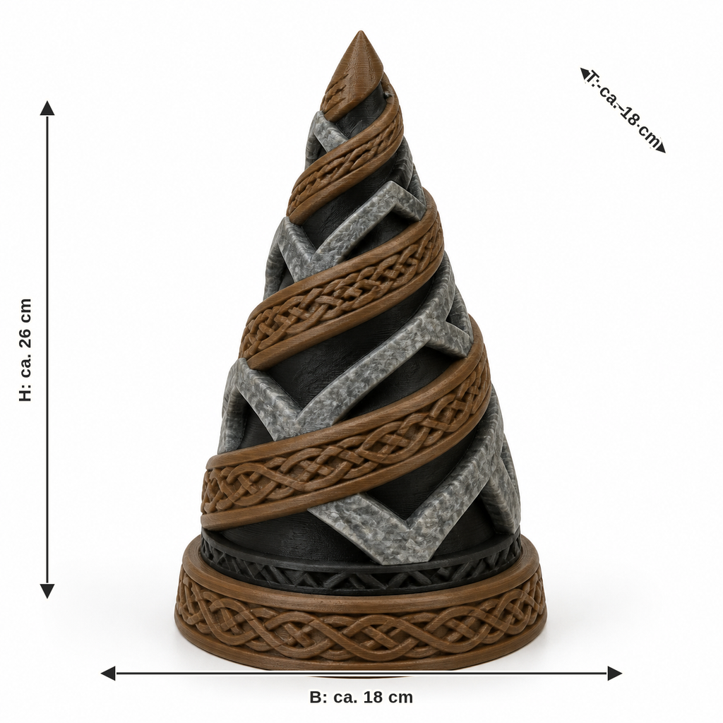 Maßbild für Spiralförmiger Runen-Weihnachtsbaum in Braun und Silber: Breite ca. 18 cm, Tiefe ca. 18 cm, Höhe ca. 26 cm