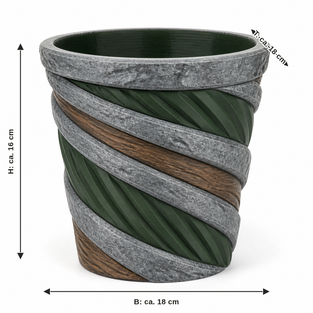 Maßbild für Spiralförmiges Pflanzgefäß in Waldgrün und Steinoptik: Breite ca. 18 cm, Tiefe ca. 18 cm, Höhe ca. 16 cm