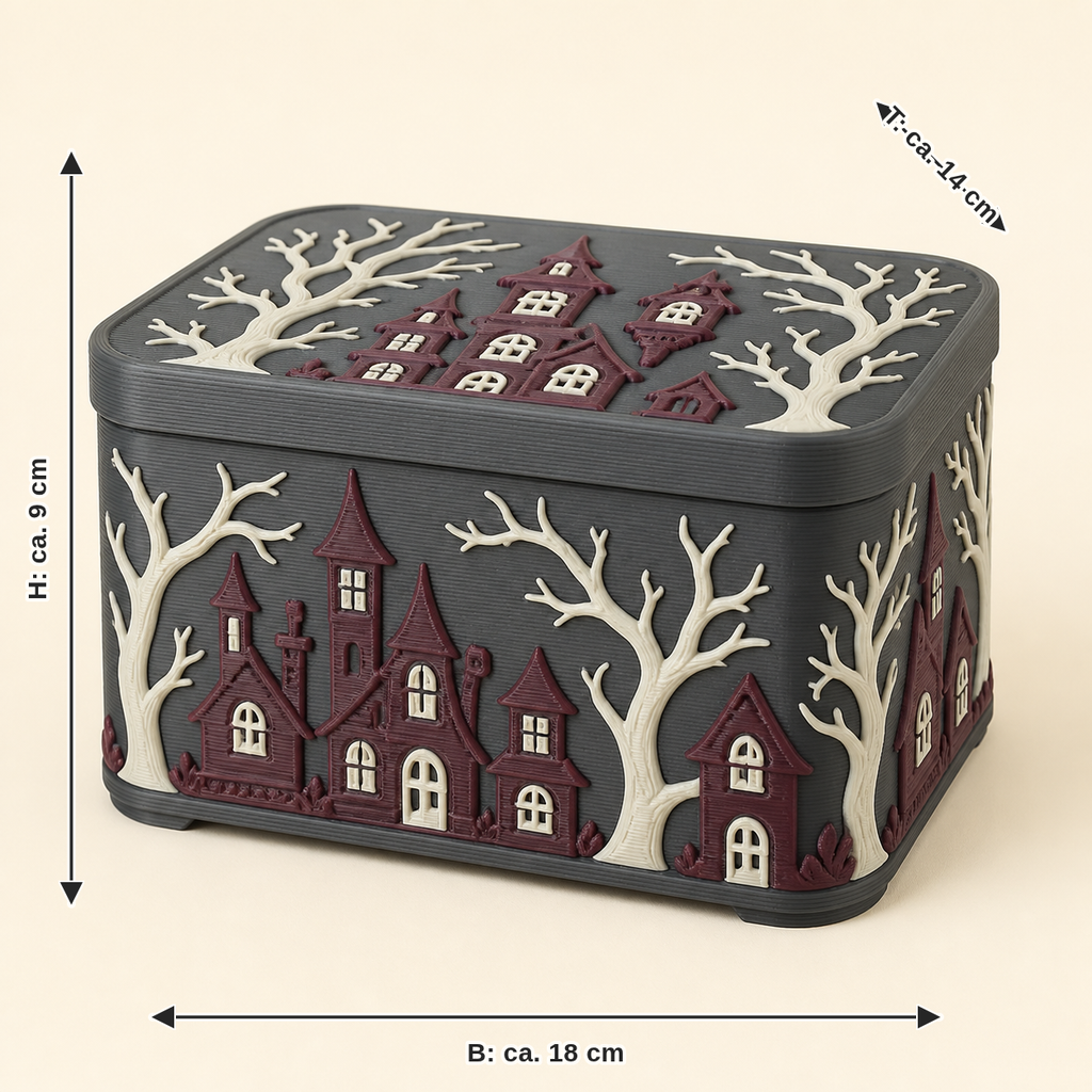 Maßbild für Spukhaus-Aufbewahrungsbox Dachbodenbox: Breite ca. 18 cm, Tiefe ca. 14 cm, Höhe ca. 9 cm