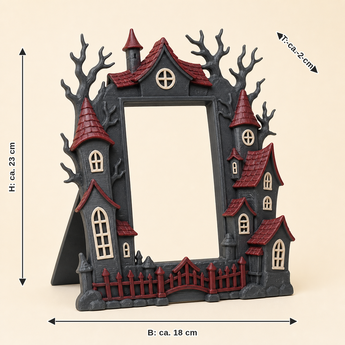 Maßbild für Spukhaus-Bilderrahmen Fensterrahmen: Breite ca. 18 cm, Tiefe ca. 2 cm, Höhe ca. 23 cm