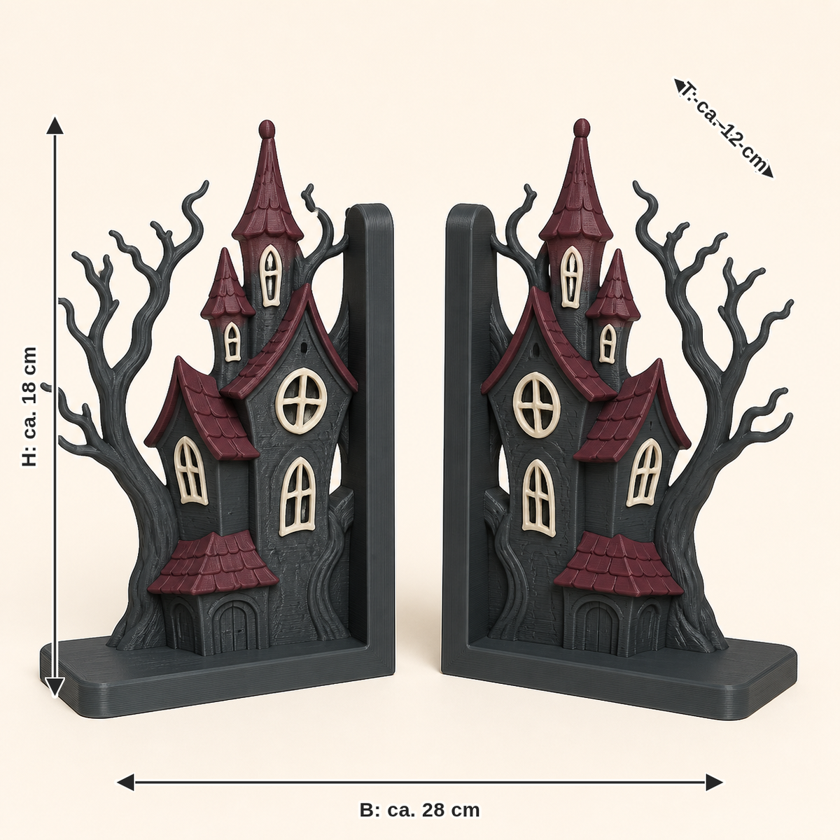Maßbild für Spukhaus-Buchstützen-Paar Doppelturm: Breite ca. 28 cm, Tiefe ca. 12 cm, Höhe ca. 18 cm