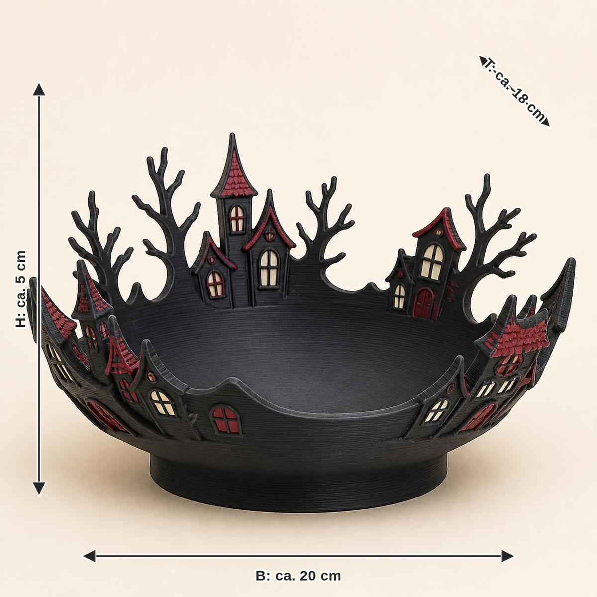 Maßbild für Spukhaus-Dekoschale Hausmulde: Breite ca. 20 cm, Tiefe ca. 18 cm, Höhe ca. 5 cm