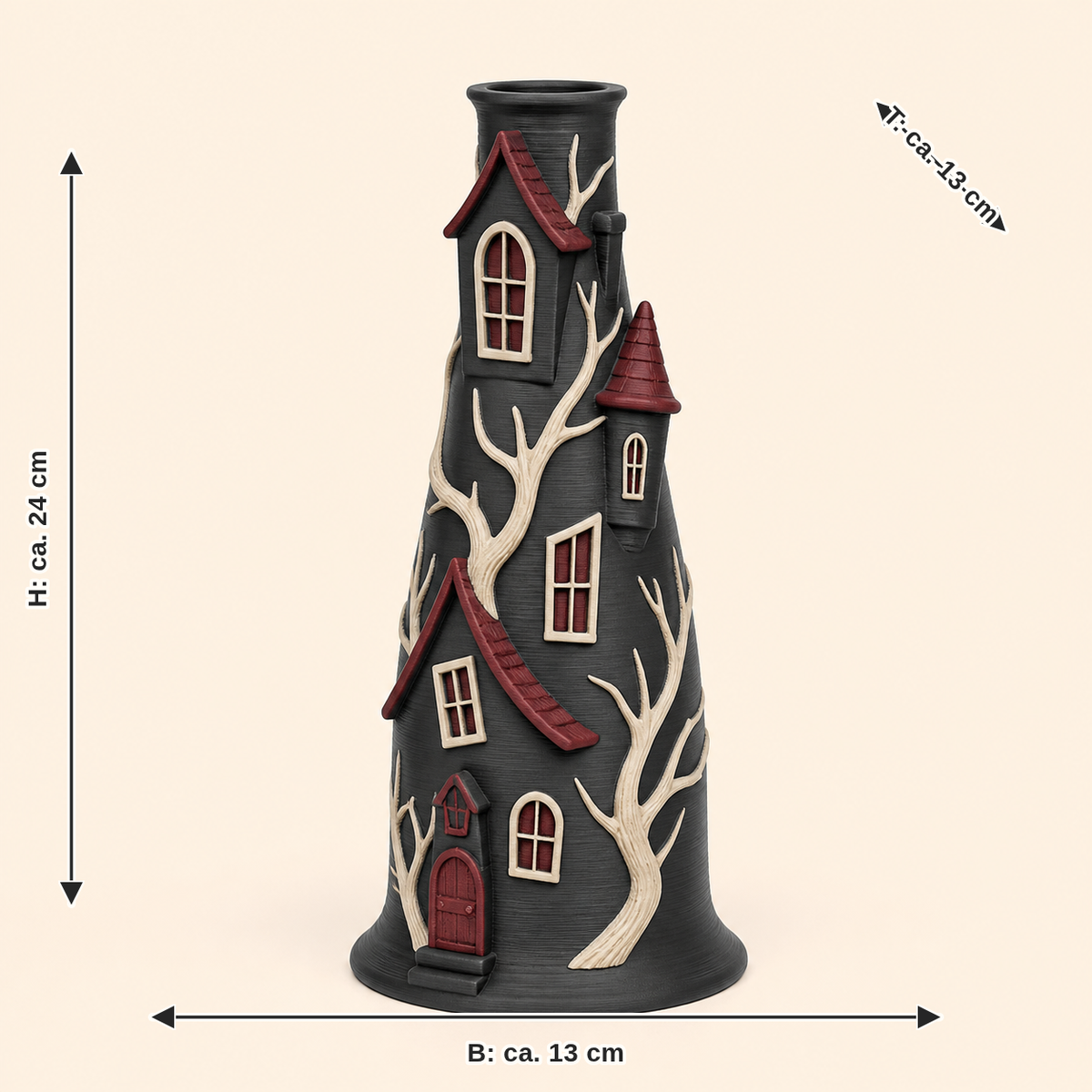 Maßbild für Spukhaus-Trockenblumen-Vase Turmvase: Breite ca. 13 cm, Tiefe ca. 13 cm, Höhe ca. 24 cm
