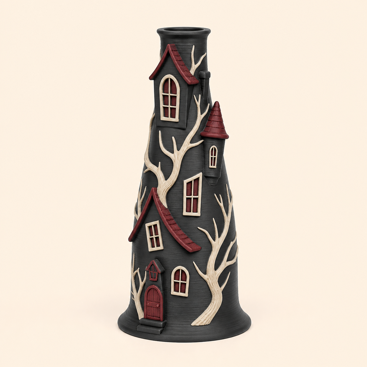 Spukhaus-Trockenblumen-Vase Turmvase aus 3D-gedrucktem PETG in Anthrazit, Bordeaux, Knochenweiß