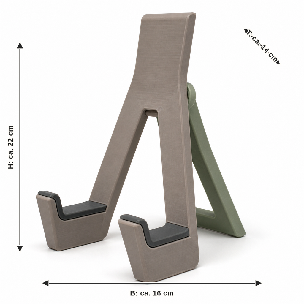 Maßbild für Staffelei-Präsentationsständer in Taupe und Salbei: Breite ca. 16 cm, Tiefe ca. 14 cm, Höhe ca. 22 cm