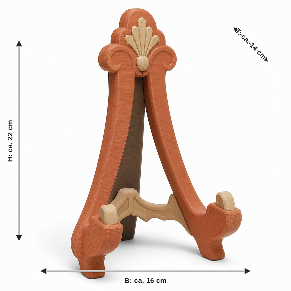 Maßbild für Staffelei-Präsentationsständer mit Palmette: Breite ca. 16 cm, Tiefe ca. 14 cm, Höhe ca. 22 cm