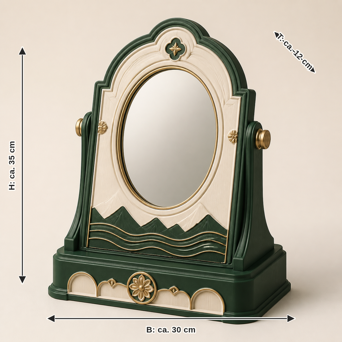 Dimensional image for standing mirror Alpenkamm – Salzburg: width approx. 30 cm, depth approx. 12 cm, height approx. 35 cm