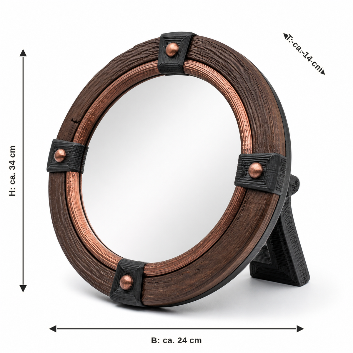Dimensional image for standing mirror barrel: width approx. 24 cm, depth approx. 14 cm, height approx. 34 cm
