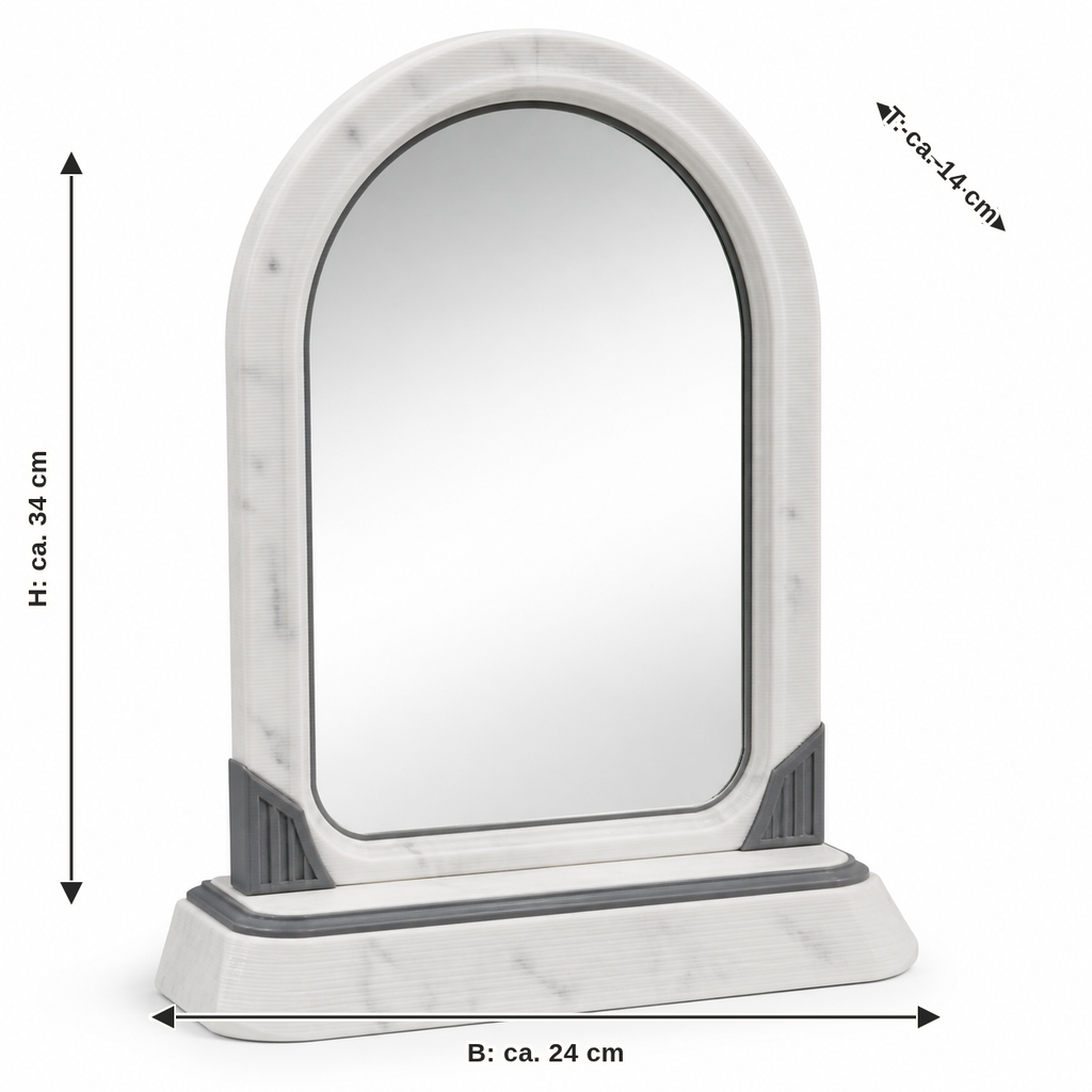 Dimensional image for standing mirror Marble optics arch: width approx. 24 cm, depth approx. 14 cm, height approx. 34 cm