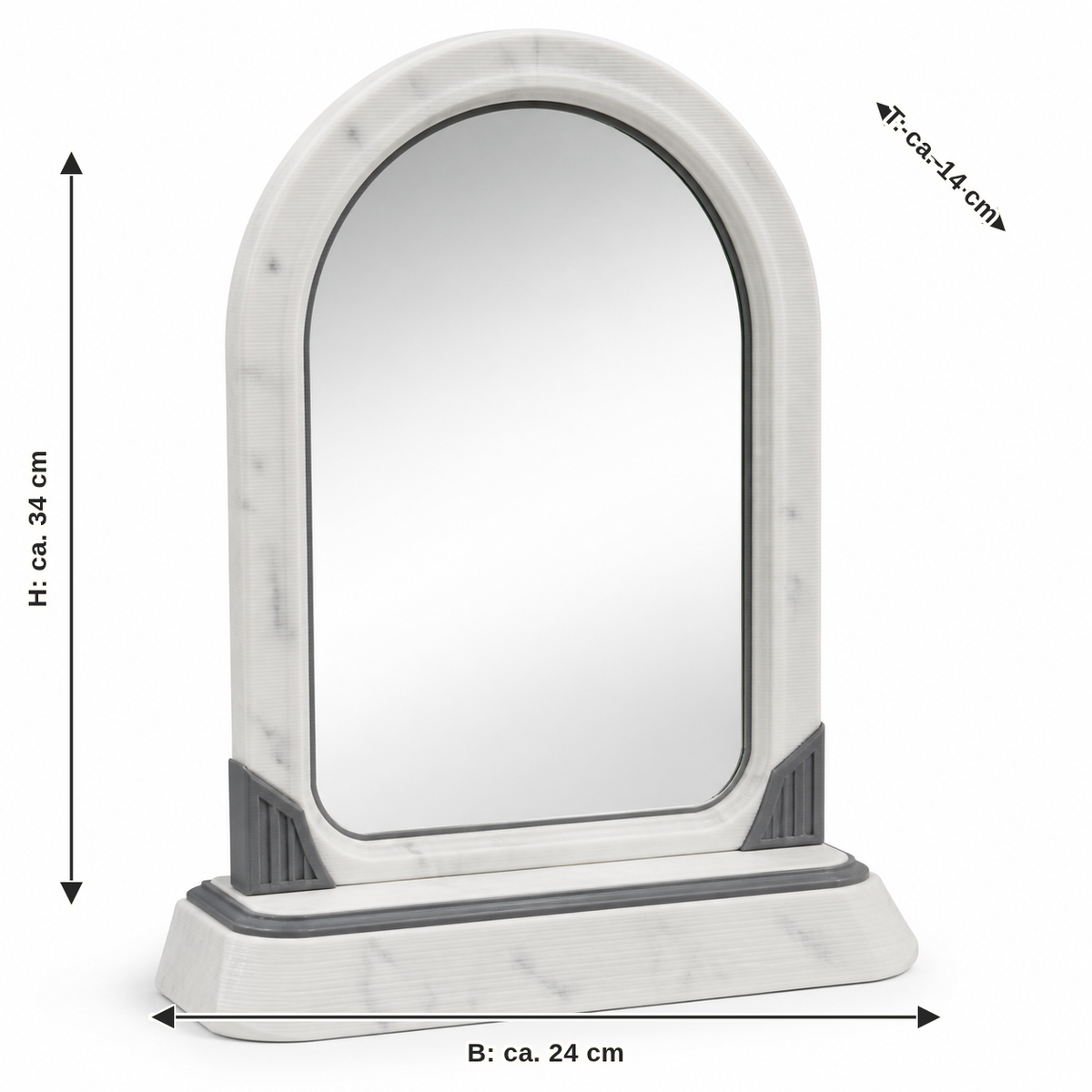 Dimensional image for standing mirror Marble optics arch: width approx. 24 cm, depth approx. 14 cm, height approx. 34 cm
