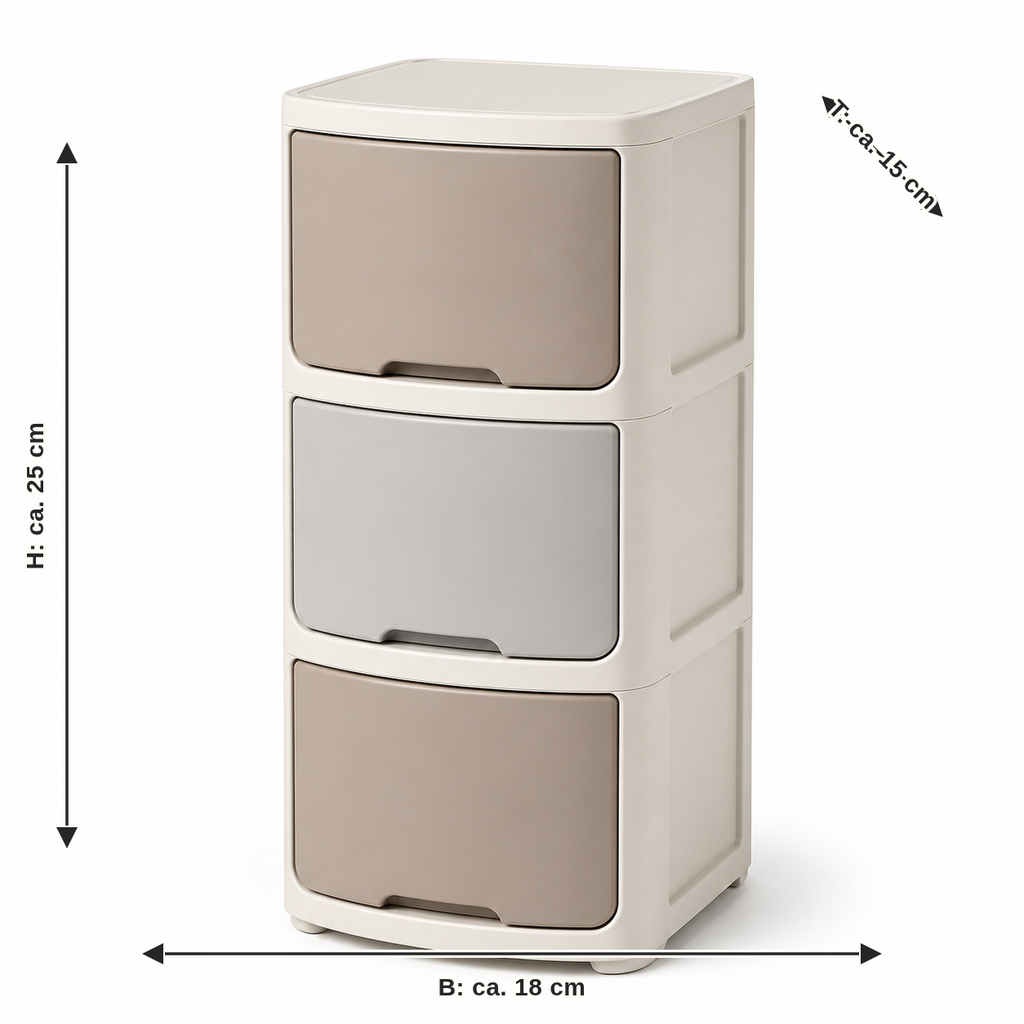 Measurement for stackable sorting tower in taupe and grey: width approx. 18 cm, depth approx. 15 cm, height approx. 25 cm