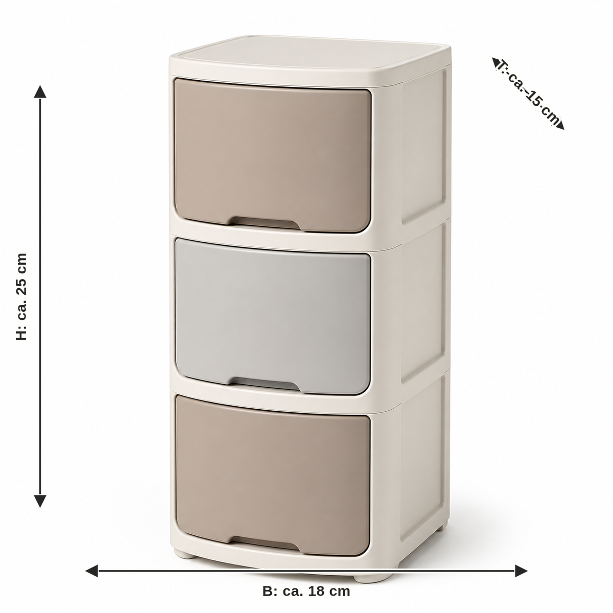 Measurement for stackable sorting tower in taupe and grey: width approx. 18 cm, depth approx. 15 cm, height approx. 25 cm