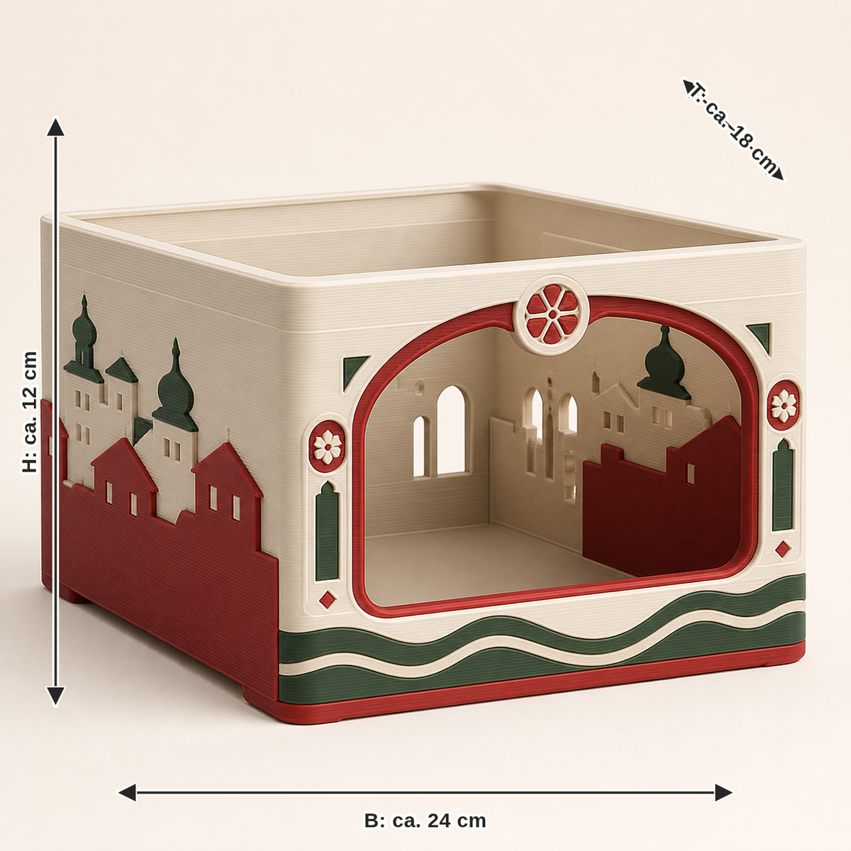 Dimensional image for stacking box Old Town windows – Salzburg: width approx. 24 cm, depth approx. 18 cm, height approx. 12 cm