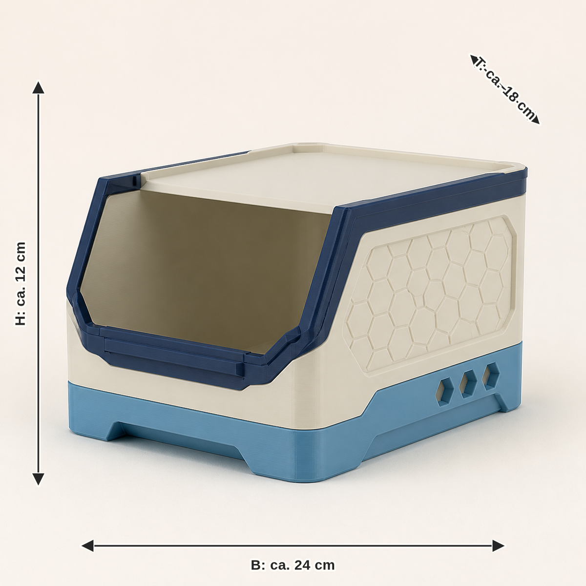 Dimensional image for stacked box viewing window – Futuristic: width approx. 24 cm, depth approx. 18 cm, height approx. 12 cm