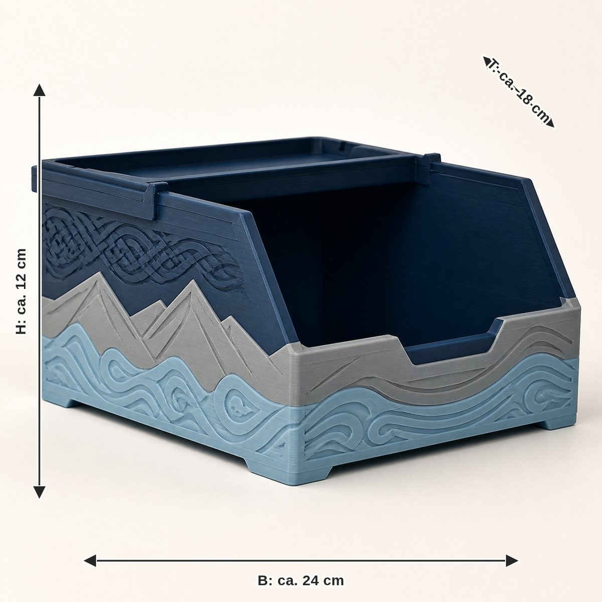 Dimensional image for stack box viewing window – Nordic & Mythical: width approx. 24 cm, depth approx. 18 cm, height approx. 12 cm