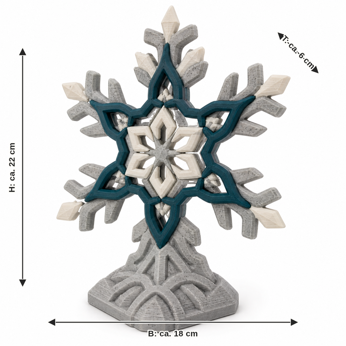 Measurement for standing rune snowflake in teal: width approx. 18 cm, depth approx. 6 cm, height approx. 22 cm
