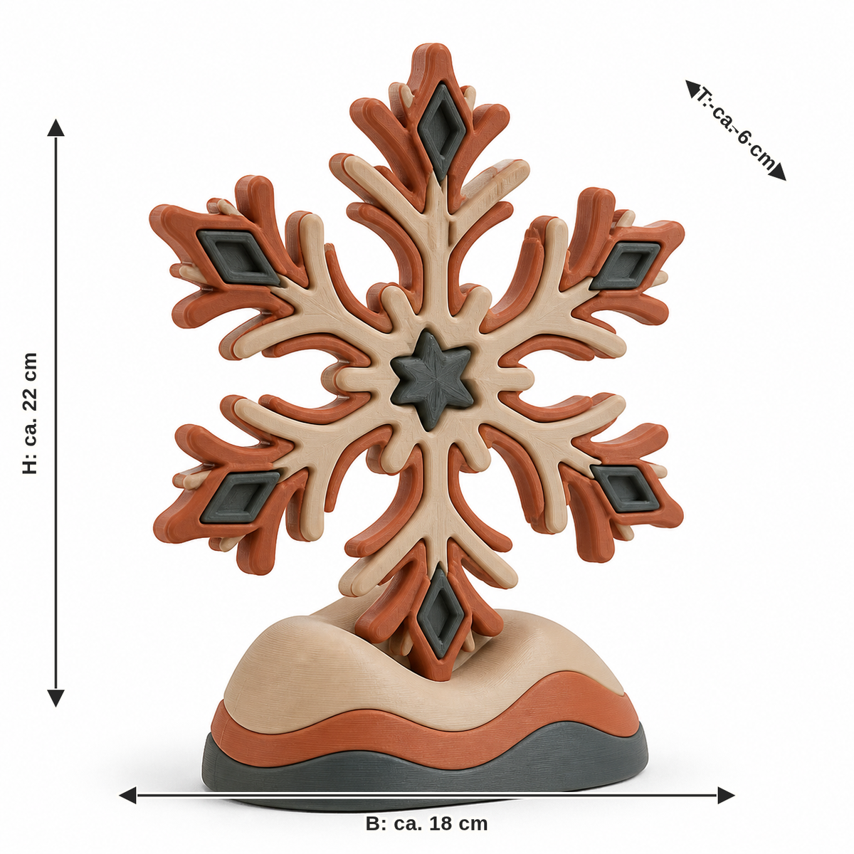 Measurement for standing snowflake in terracotta: width approx. 18 cm, depth approx. 6 cm, height approx. 22 cm