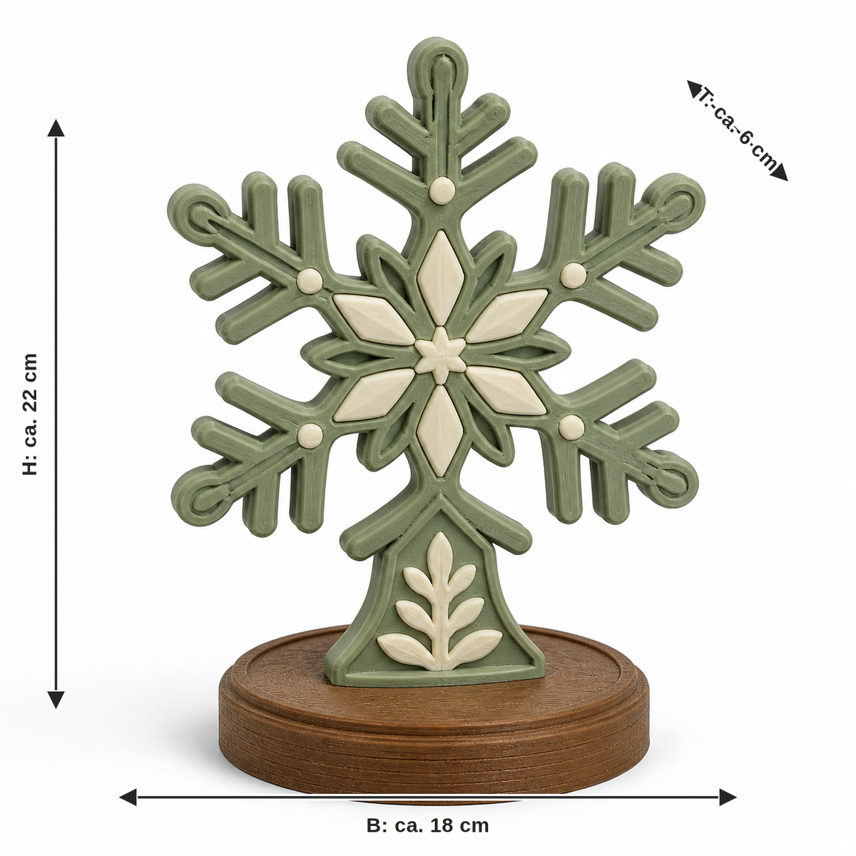 Dimensional image for standing snowflake with leaf trunk: width approx. 18 cm, depth approx. 6 cm, height approx. 22 cm
