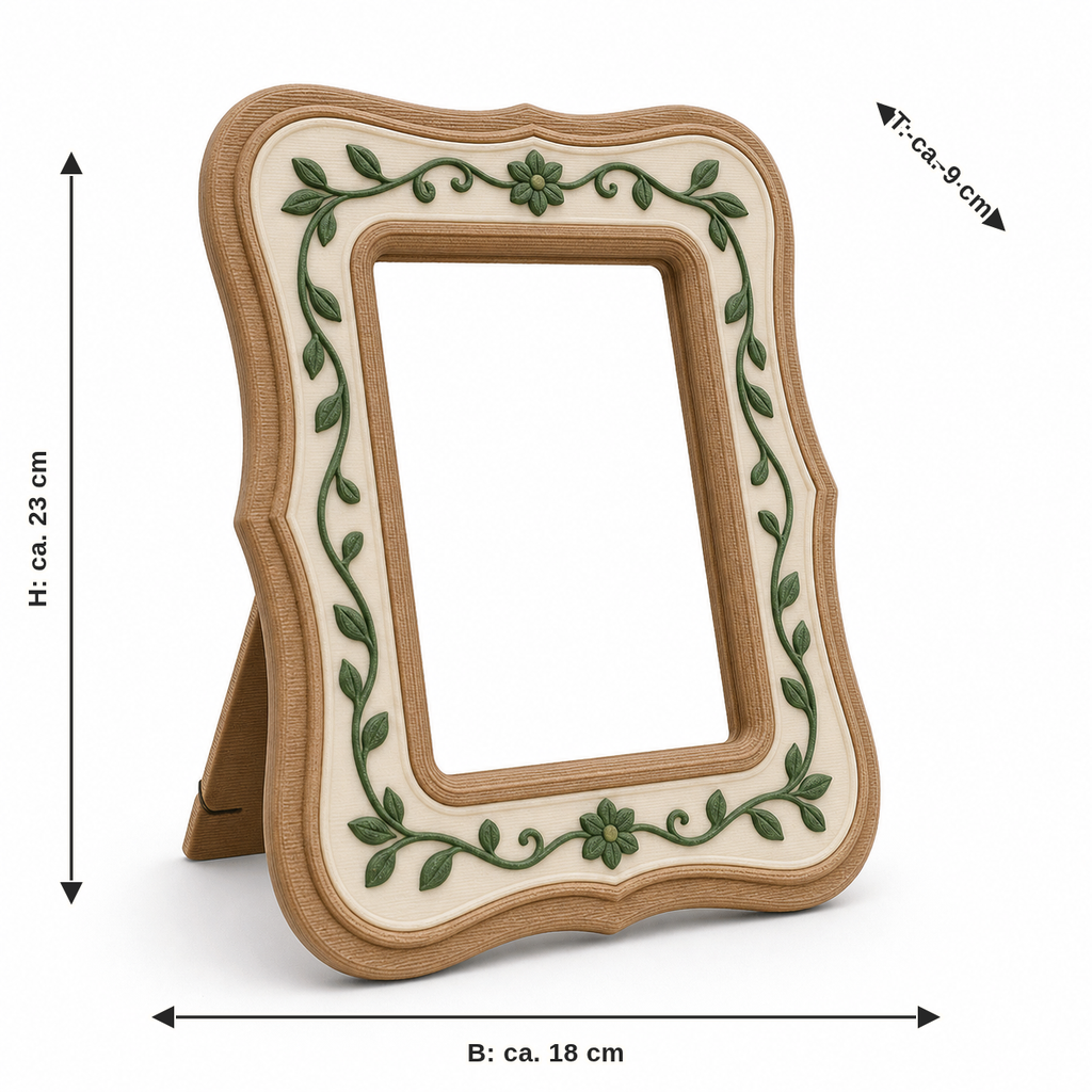 Maßbild für Stehender Bilderrahmen mit Blätterranke: Breite ca. 18 cm, Tiefe ca. 9 cm, Höhe ca. 23 cm