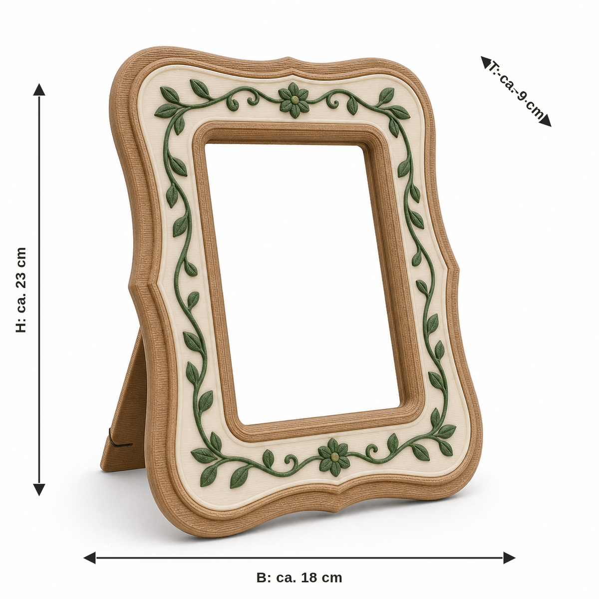 Maßbild für Stehender Bilderrahmen mit Blätterranke: Breite ca. 18 cm, Tiefe ca. 9 cm, Höhe ca. 23 cm