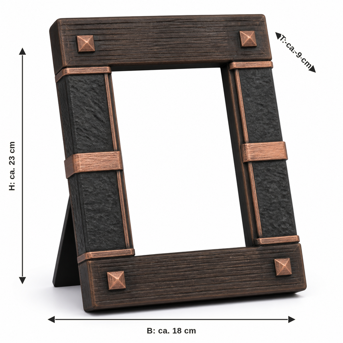 Dimensional image for standing photo frame with rustic fittings: width approx. 18 cm, depth approx. 9 cm, height approx. 23 cm
