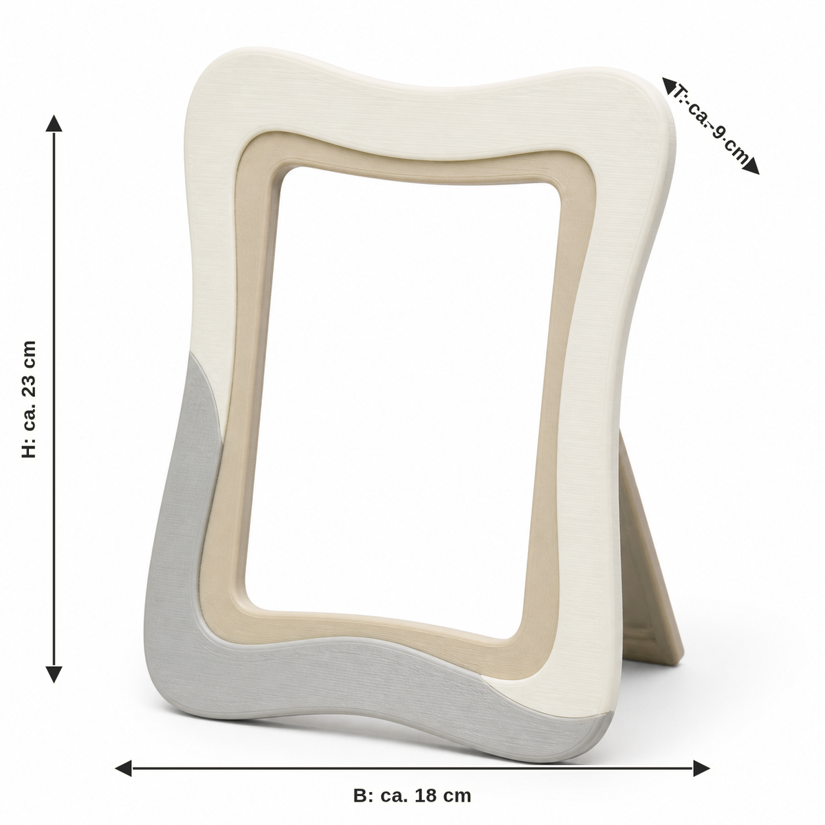 Dimensional image for standing photo frame with soft wave edges: width approx. 18 cm, depth approx. 9 cm, height approx. 23 cm