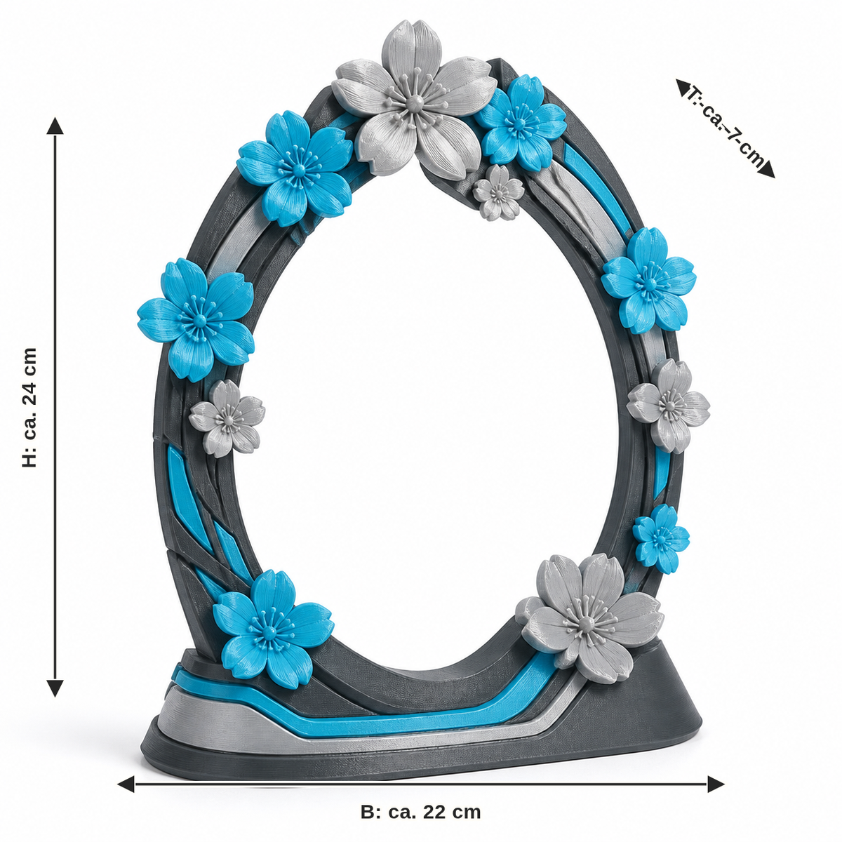 Dimensional image for Standing flower wreath with cyan accents: width about 22 cm, depth about 7 cm, height about 24 cm