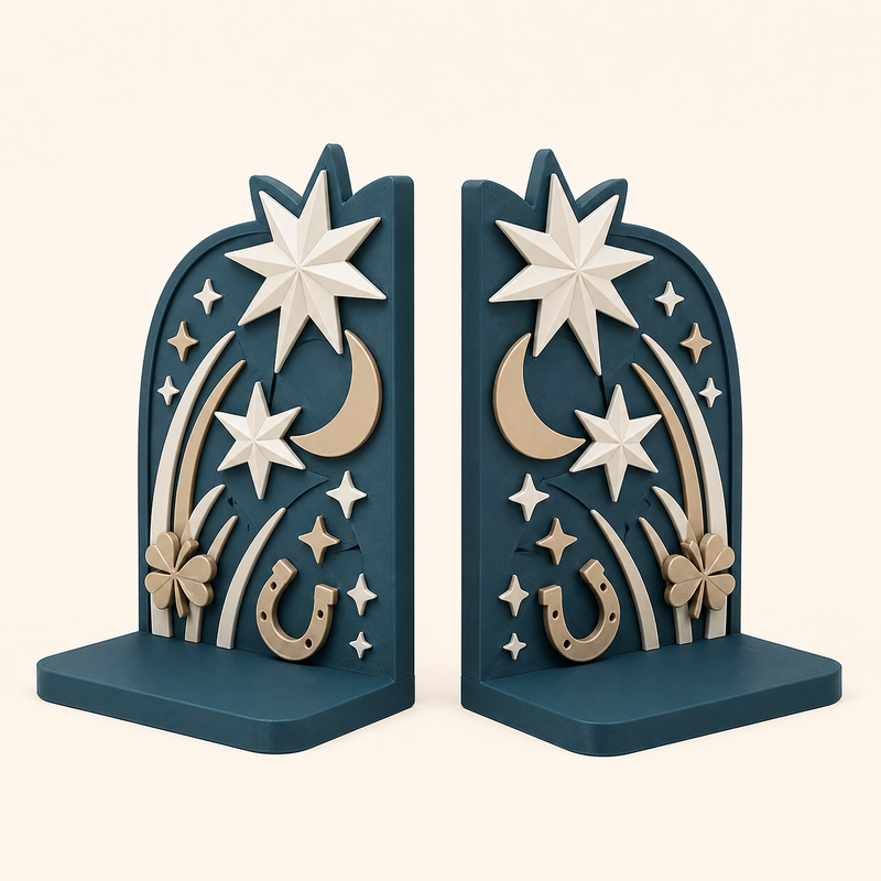 Starry night bookends pair of double stars in 3D printed PETG in teal, Champagne, warm white