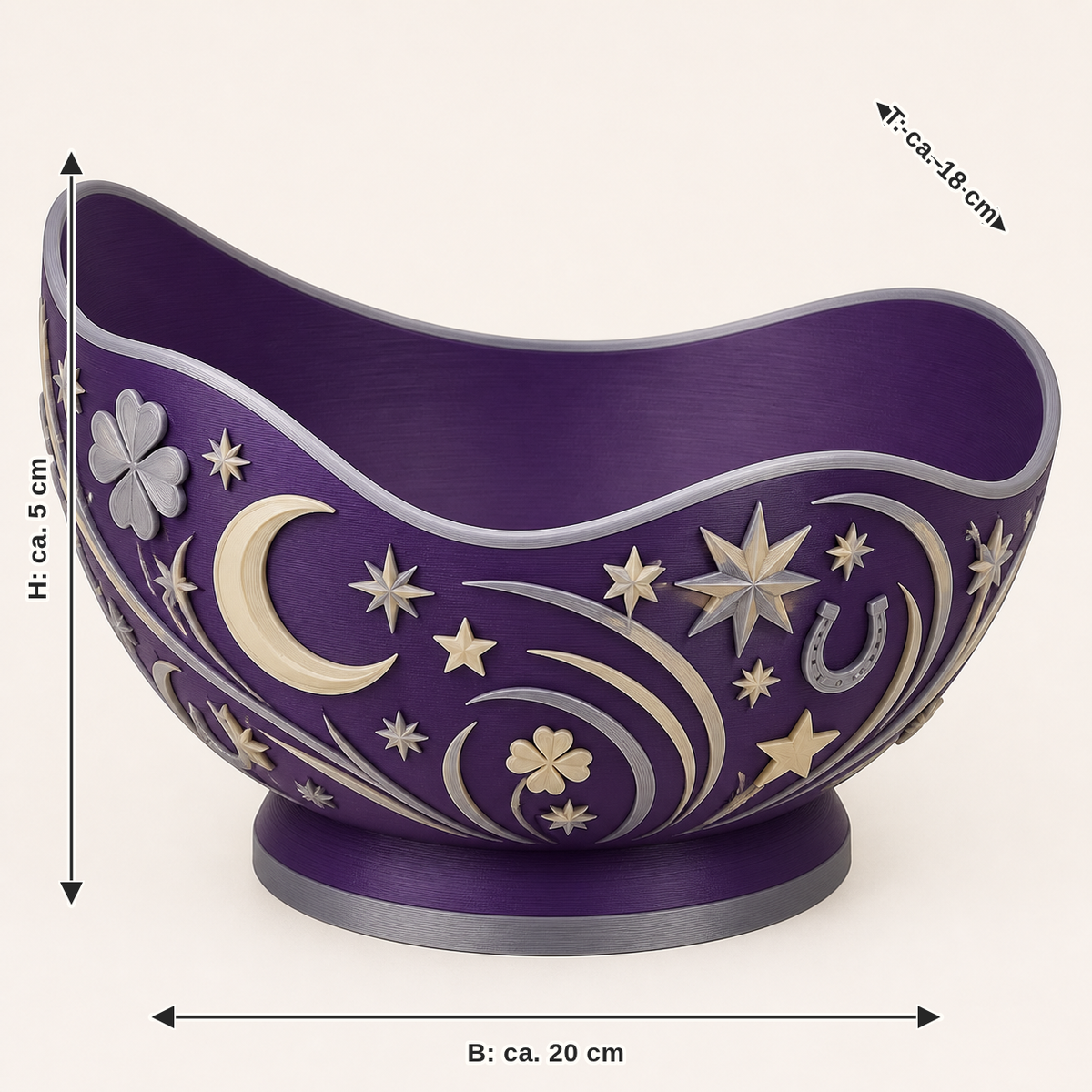 Maßbild für Sternennacht-Dekoschale Sternenmulde: Breite ca. 20 cm, Tiefe ca. 18 cm, Höhe ca. 5 cm