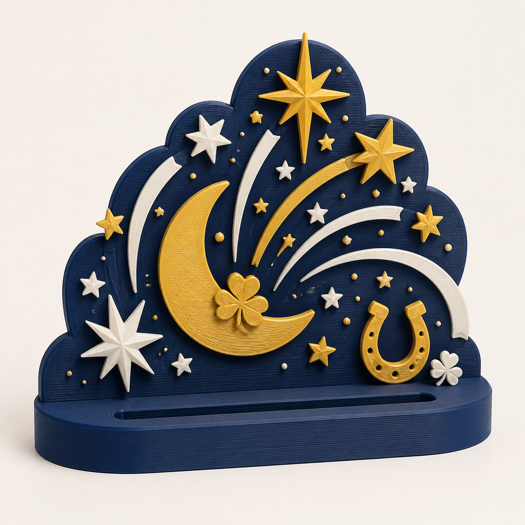 3D printed PETG sky point in night blue, gold yellow, frost white