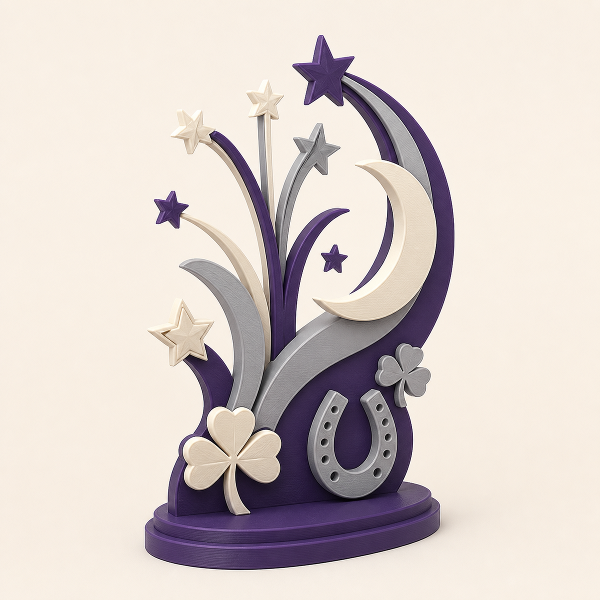Sternennacht-Mini-Skulptur Jahreswechsel aus 3D-gedrucktem PETG in Dunkelviolett, Silbergrau, Creme