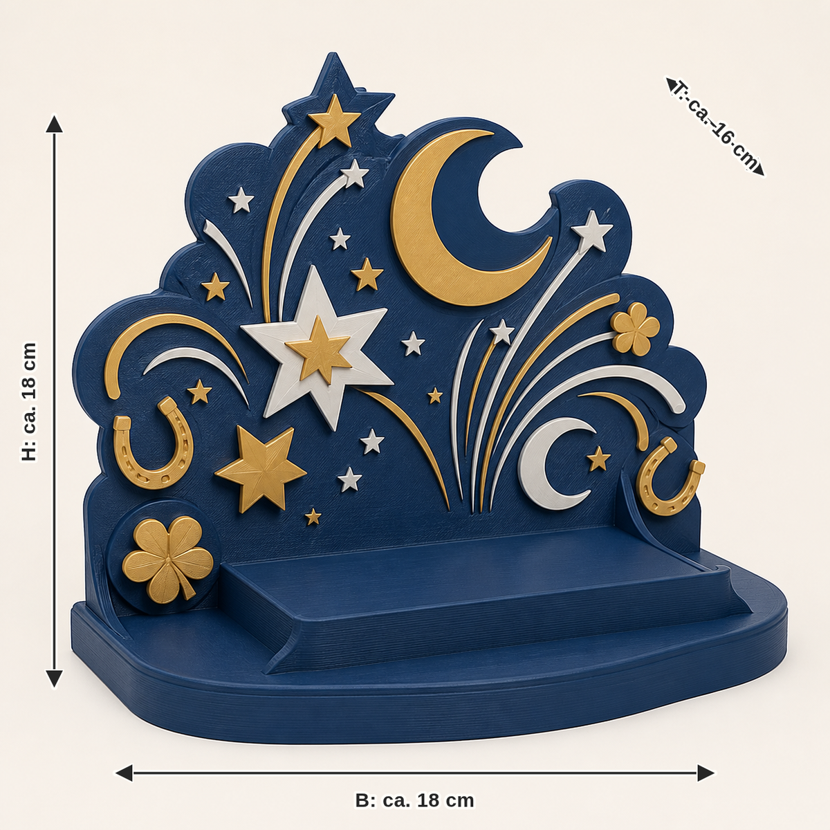 Maßbild für Sternennacht-Präsentationsständer Himmelsbühne: Breite ca. 18 cm, Tiefe ca. 16 cm, Höhe ca. 18 cm