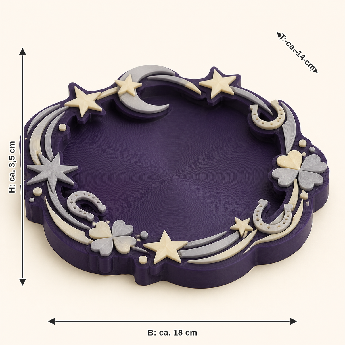 Maßbild für Sternennacht-Schmuckschale Sternenrand: Breite ca. 18 cm, Tiefe ca. 14 cm, Höhe ca. 3.5 cm