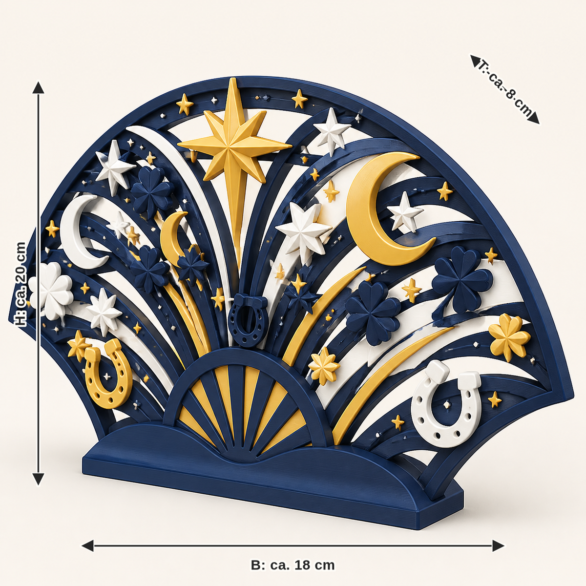 Maßbild für Sternennacht-Tischaufsteller Neujahrsfächer: Breite ca. 18 cm, Tiefe ca. 8 cm, Höhe ca. 20 cm