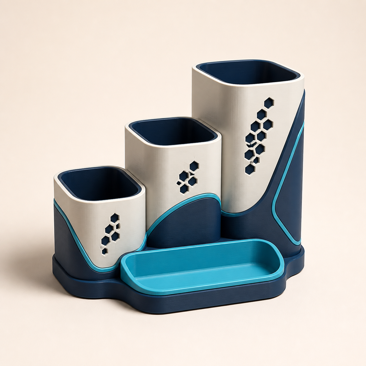 Pen holder trio contour in the style Futuristic from 3D-printed PETG in cream, dark blue, cyan