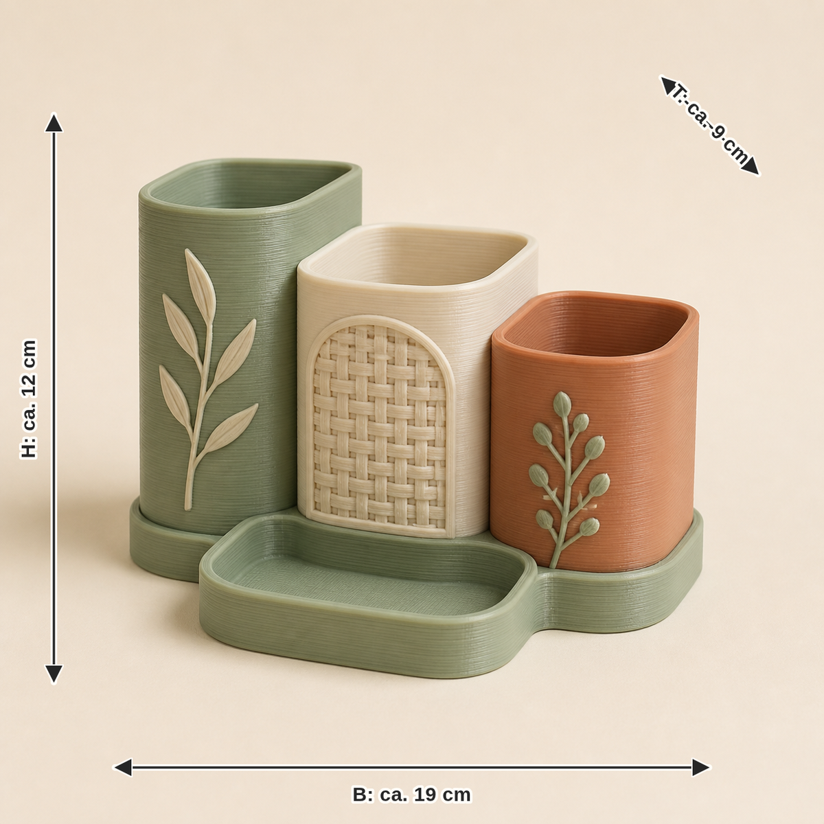 Maßbild für Stiftehalter Trio Kontur – Landhaus: Breite ca. 19 cm, Tiefe ca. 9 cm, Höhe ca. 12 cm