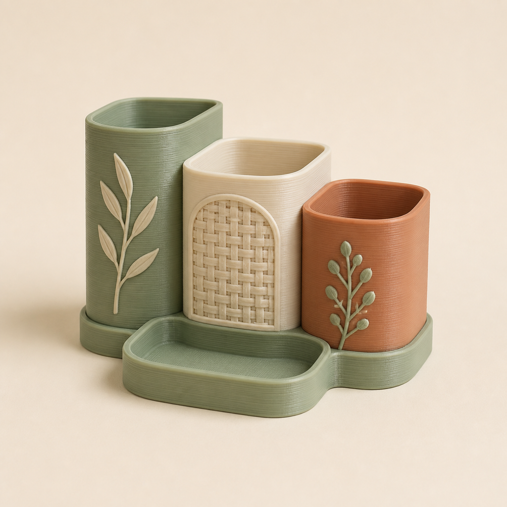 Stiftehalter Trio Kontur im Stil Landhaus aus 3D-gedrucktem PETG in Salbeigrün, Creme, Terrakotta