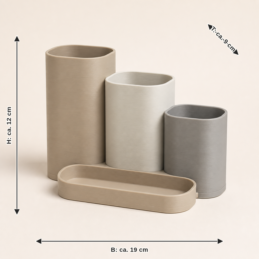 Maßbild für Stiftehalter Trio Kontur – Minimalistisch: Breite ca. 19 cm, Tiefe ca. 9 cm, Höhe ca. 12 cm