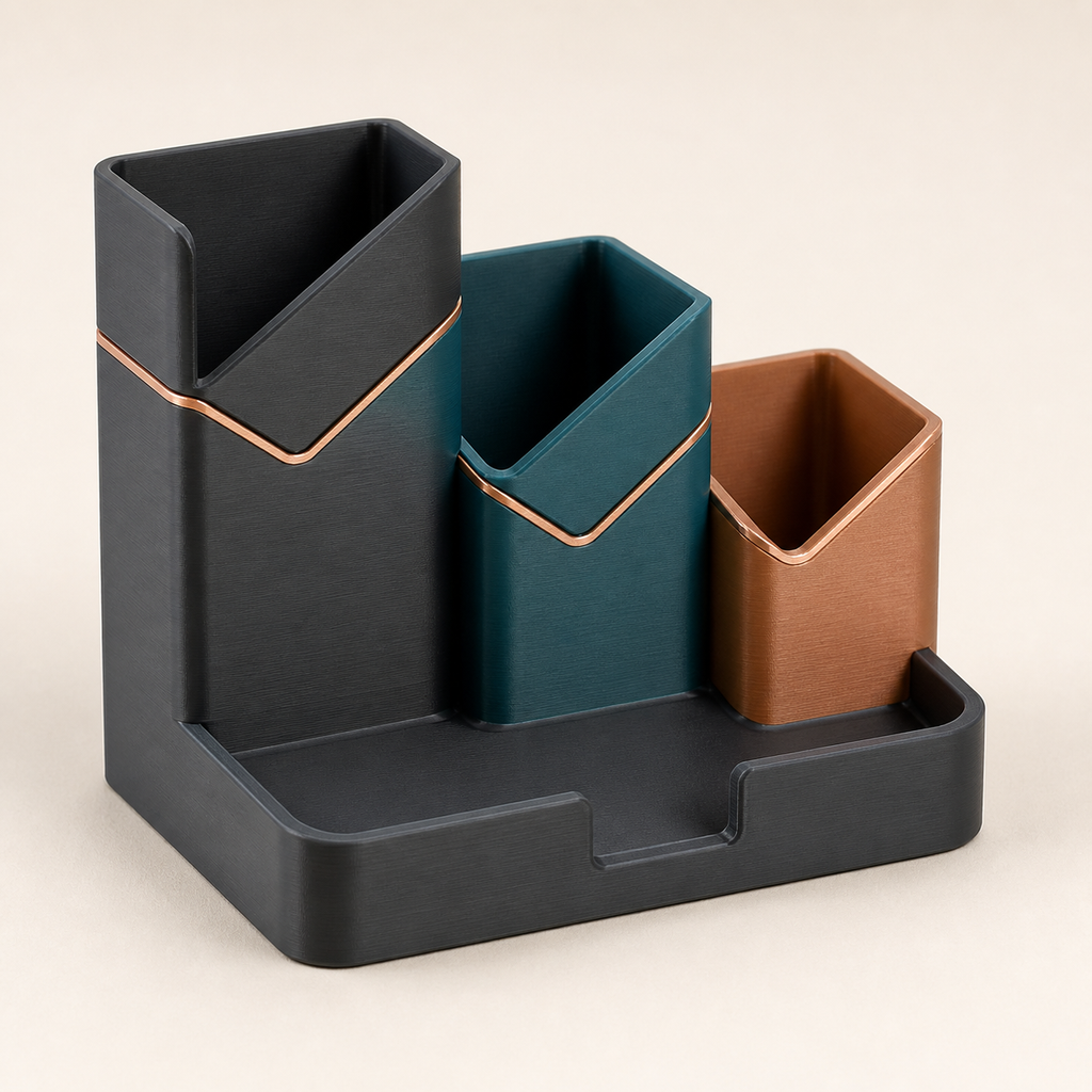 Modern 3D printed PETG pen holder trio contour in anthracite, teal, copper