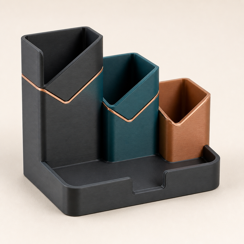 Modern 3D printed PETG pen holder trio contour in anthracite, teal, copper