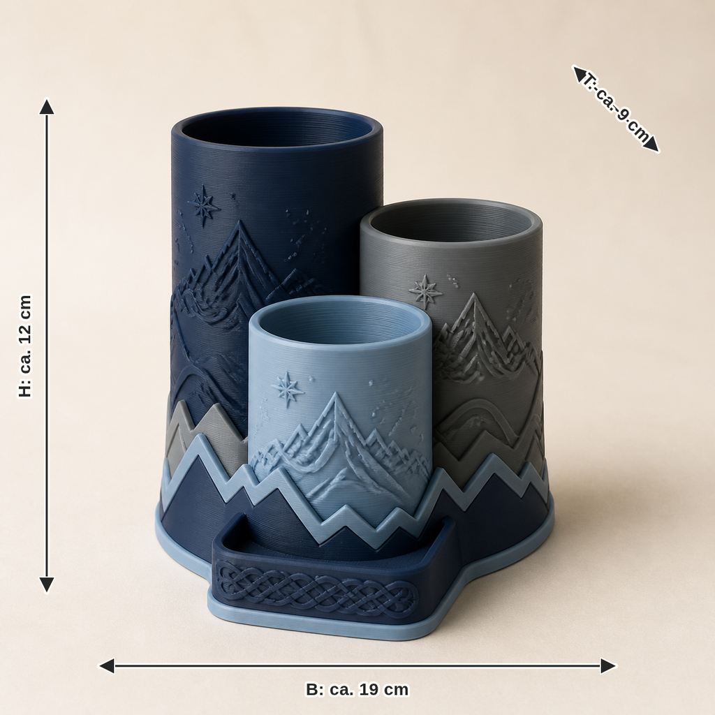 Maßbild für Stiftehalter Trio Kontur – Nordisch & Mythisch: Breite ca. 19 cm, Tiefe ca. 9 cm, Höhe ca. 12 cm
