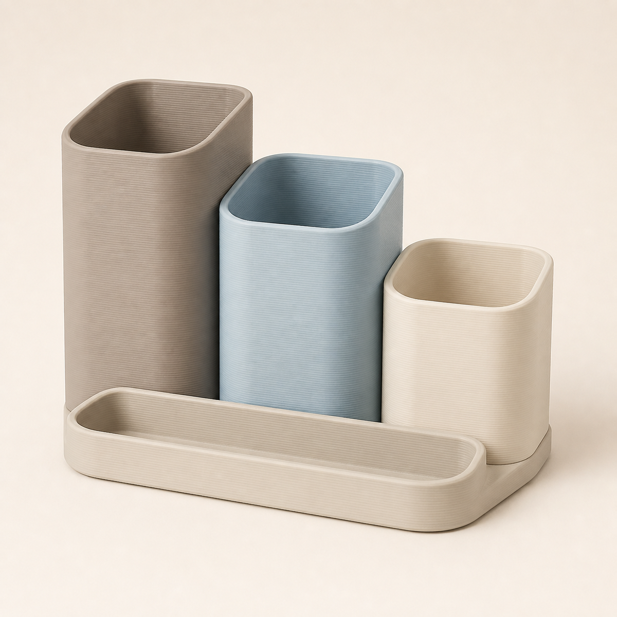 Stiftehalter Trio Kontur im Stil Still aus 3D-gedrucktem PETG in Taupe, Hellblau, Creme