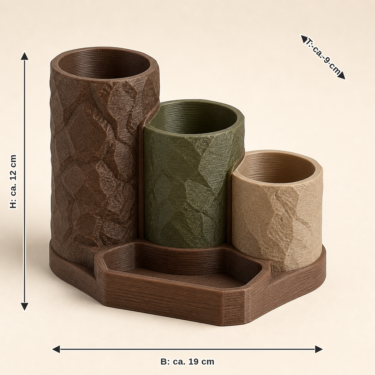 Maßbild für Stiftehalter Trio Kontur – Urig: Breite ca. 19 cm, Tiefe ca. 9 cm, Höhe ca. 12 cm