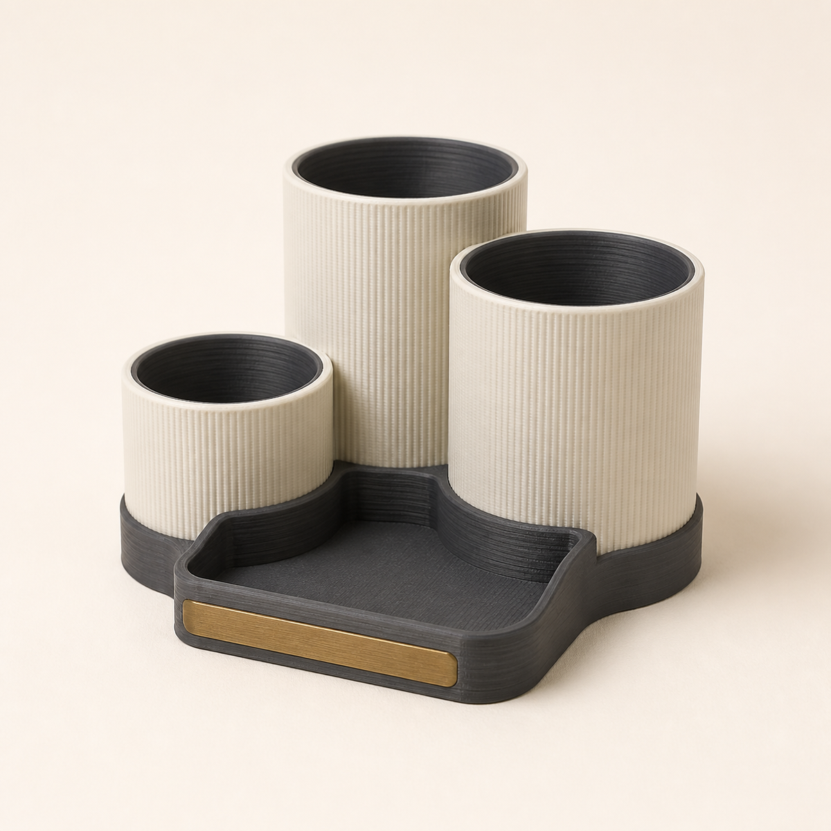 Timeless 3D printed PETG pen holder trio contour in ivory, graphite, brass