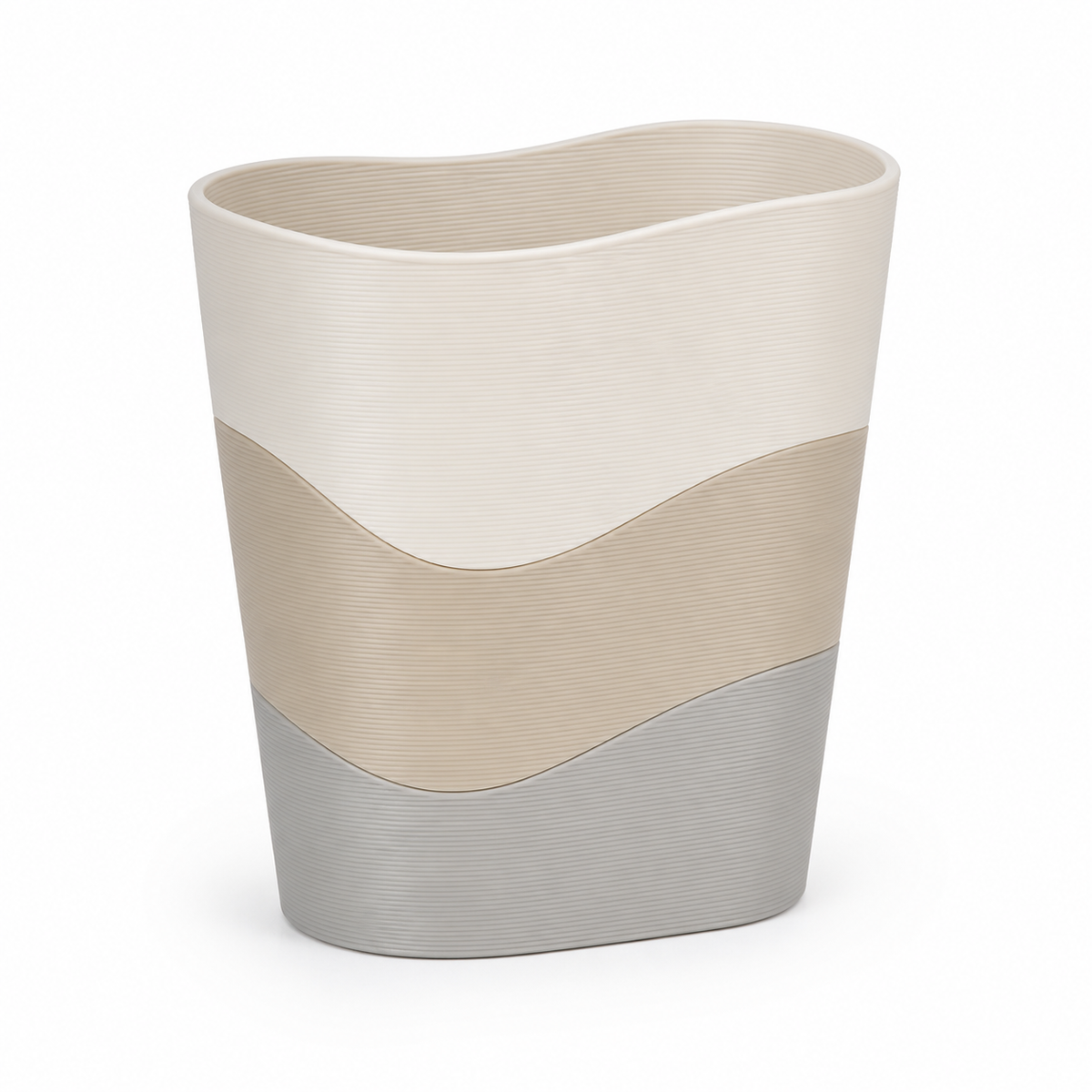 Product image of "Pure curving trash in natural tones" on white background: Trash; Basic shape: open slightly conical shape with soft corrugated top; Design: three flowing horizontal colour zones; Colours: off-white, beige and light grey.