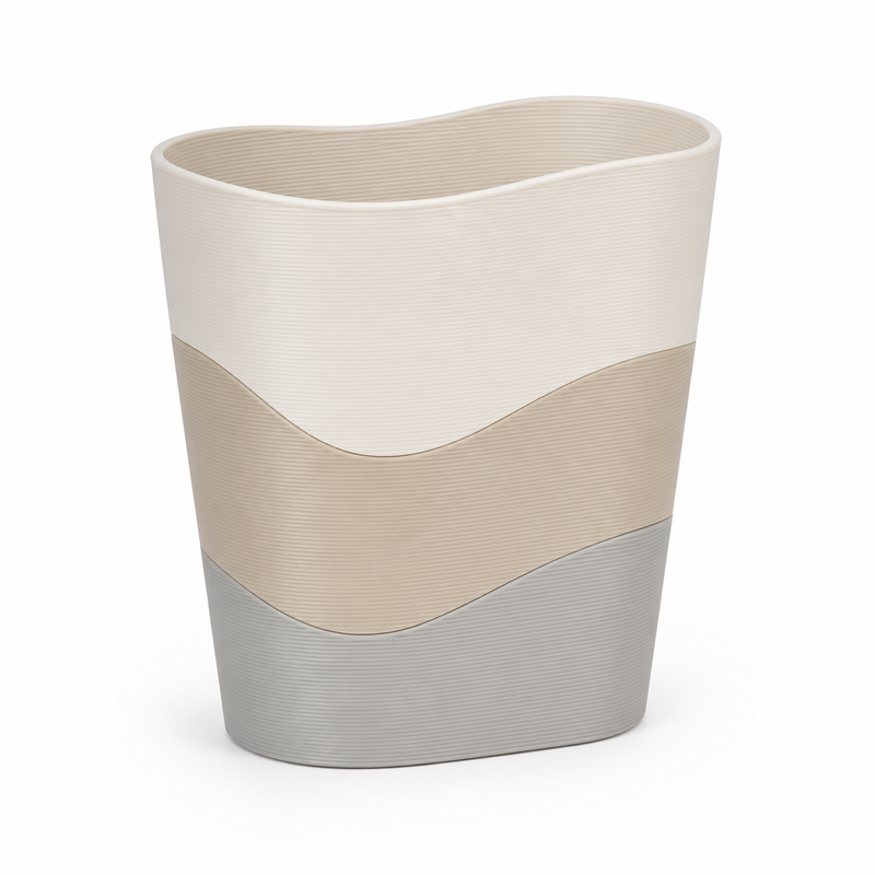 Product image of "Pure curving trash in natural tones" on white background: Trash; Basic shape: open slightly conical shape with soft corrugated top; Design: three flowing horizontal colour zones; Colours: off-white, beige and light grey.