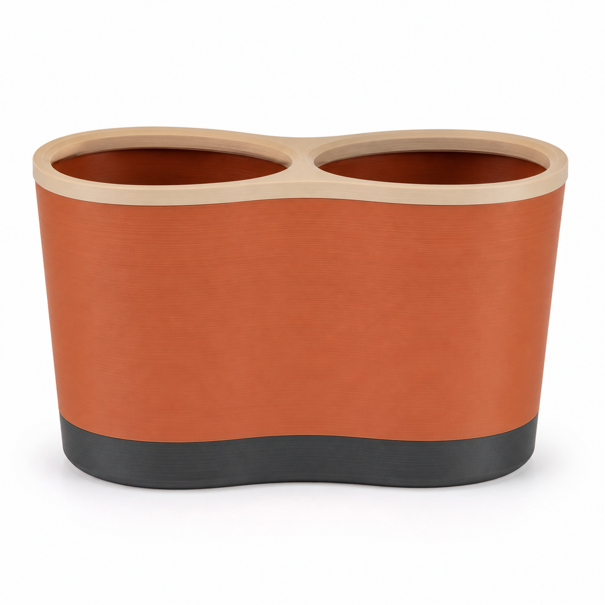 Product image of "Two-type sorting container in terracotta" on white background: sorting container; Basic shape: wide soft rounded shape with two open insertion chambers; Design: a flowing double trough and a dark curved foot; Colours: terracotta, cream and anthracite.