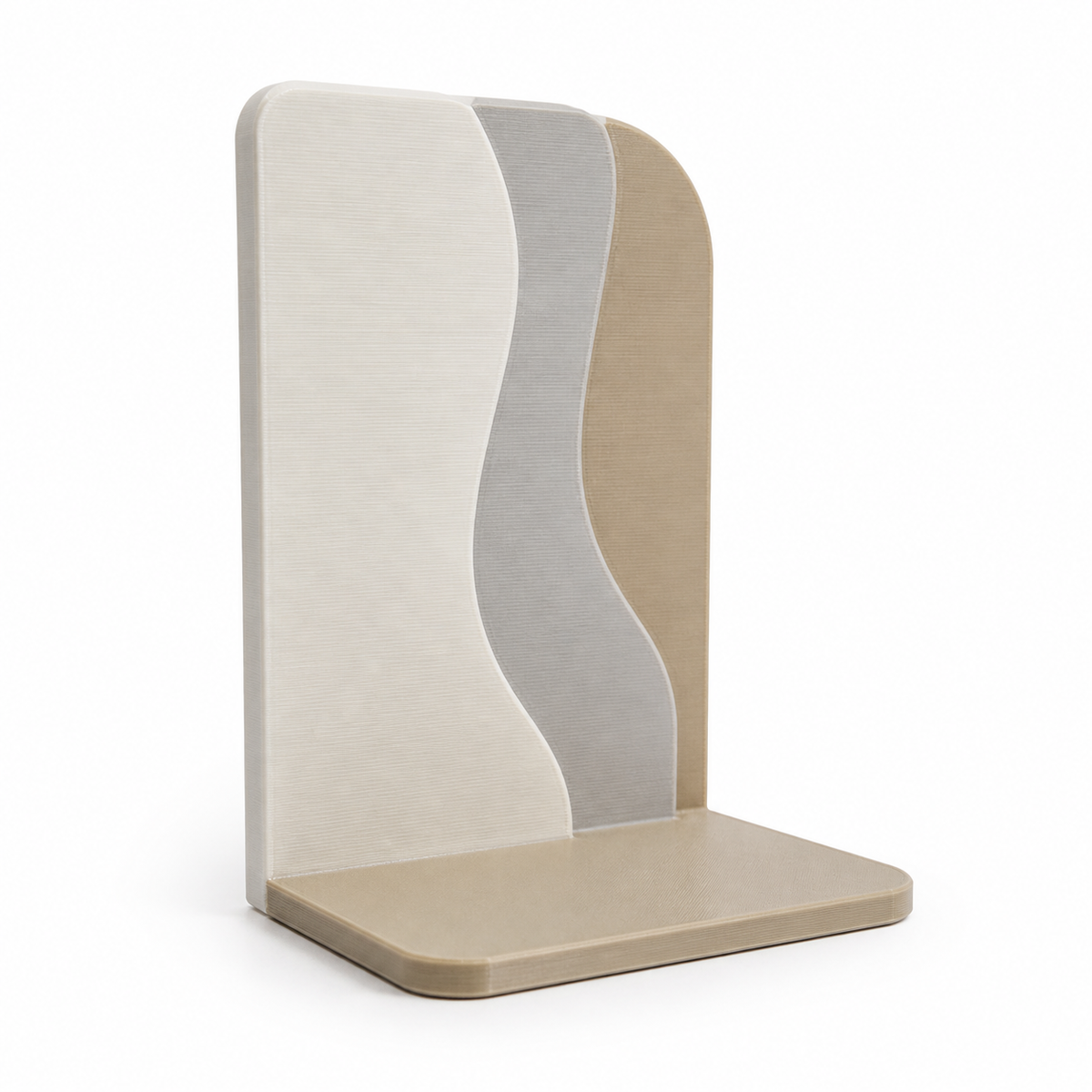 Buchstütze mit sanften Wellenflächen – Produktansicht auf weißem Hintergrund; Farben: Cremeweiß, Beige und Hellgrau.